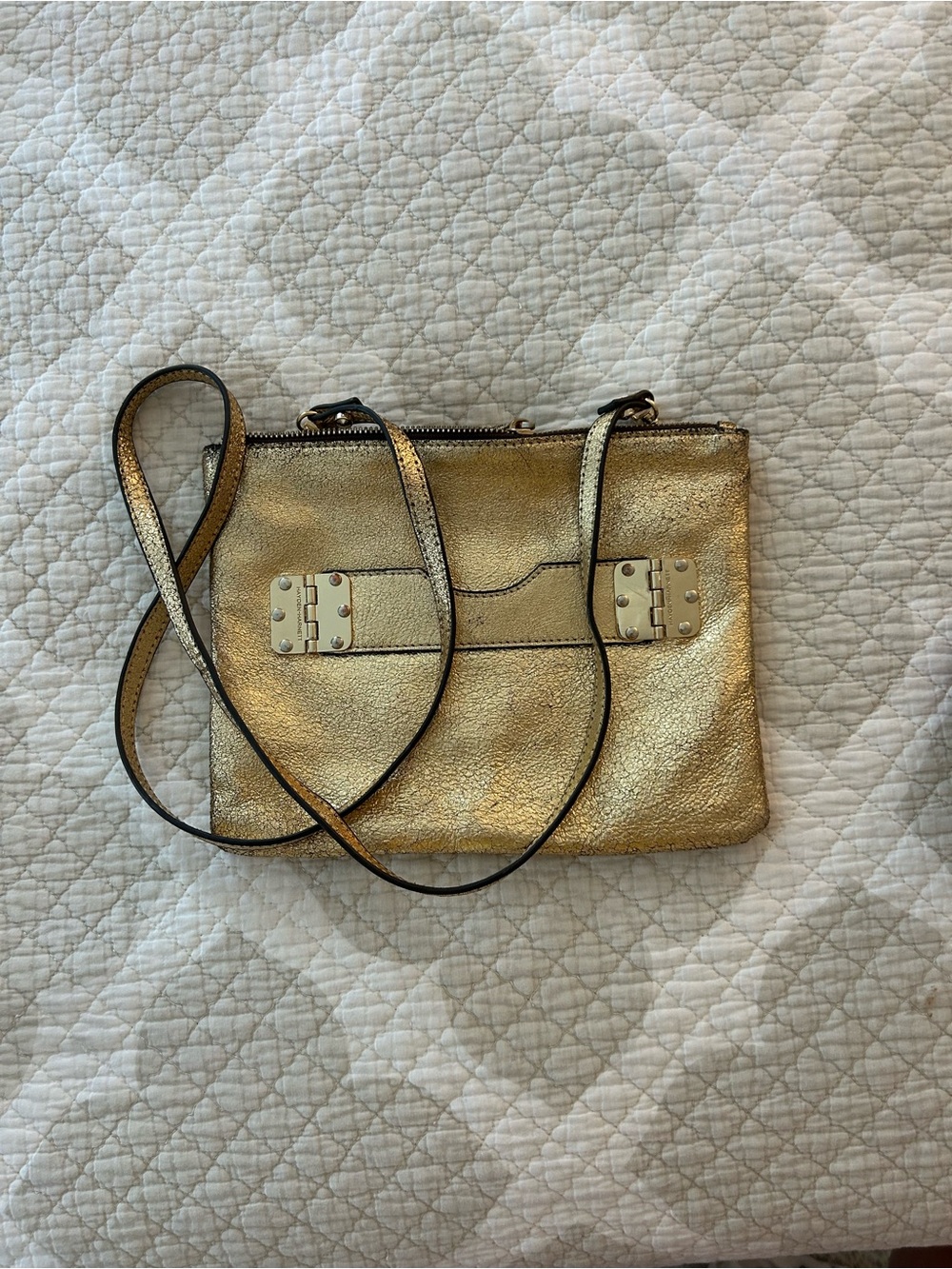 Metallic Gold Crossbody Wallet with Front Accent Hardware